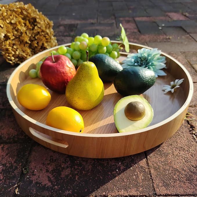 16" Large Lazy Susan Turntable with Handles – Wooden Rotating Tray with Raised Rim – Rustic Farmhouse Kitchen Island & Table Centerpiece – Spice & Condiment Organizer