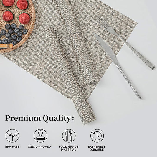 Leetaltree Linen Yellow Placemats Set of 4 - Heat Resistant Non-Slip Place mats for Dining Table, Washable Durable PVC Vinyl Woven Table Mats(Linen Yellow, 4)