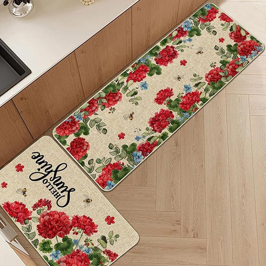 Geranium Spring Kitchen Mats for Floor Set of 2, Geranium Flower Summer Floor Mats, Non Slip Rubber Backing Kitchen Floor Mat and Rug Set for Kitchen Sink, Office, Laundry
