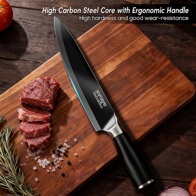 8" Chef's Knife, Japanese Hand Forged Chefs Knife High Carbon Steel Core with Black wooden Ergonomic Handle, Gift Box