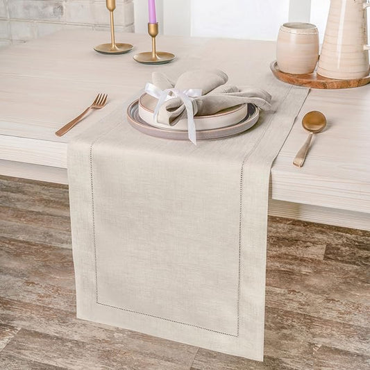D'Moksha Homes Linen Light Natural Table Runner 120 Inches Long - 100% Pure Linen Hemstitch 14 x 120 Inch Table Runner for Dining, Valentines, Spring, Easter - Classic Hemstitch