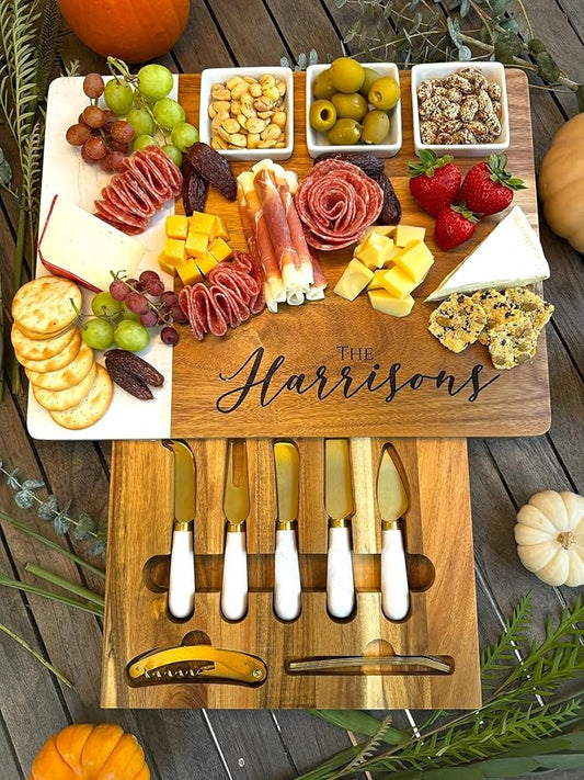 Quartz & Acacia Modern Charcuterie Board Set 16 pcs Laser Engraved Cheese Board And Knife Set Realtor Closing gift Custom Christmas Wedding