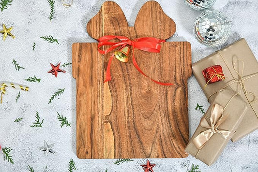 Treen Art Wooden Christmas Cutting Board for Kitchen Decor, 14"L x 10"W Gift Box Shaped Acacia Wood Chopping Board with Handle, Serving Charcuterie Platter