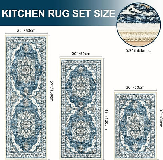 Tritard Non Slip Kitchen Rugs Sets of 3 Washable Kitchen Rug Boho Kitchen Mats for Floor Soft Kitchen Runner Rug Non Skid Kitchen Floor Carpet for Entryway Hallway Laundry Room, Blue
