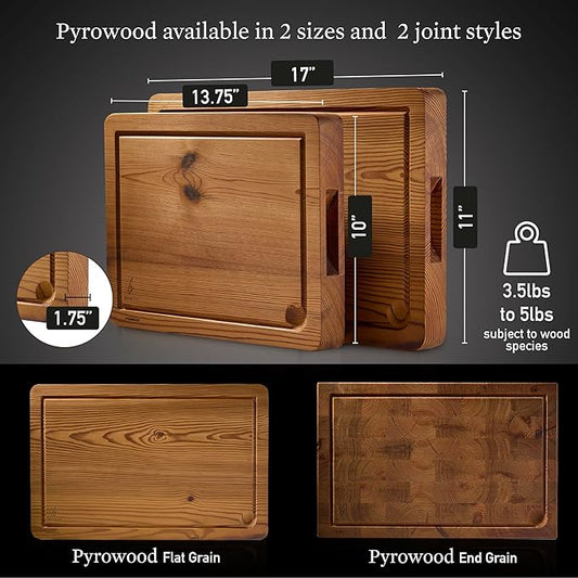 Cutting Board for Kitchen – Wood Cutting Board, Non-Toxic Butcher Block, Cutting Boards with Juice Groove & Handles, Charcuterie Board – 11" x 17" x 1.75" (Pyrowood)
