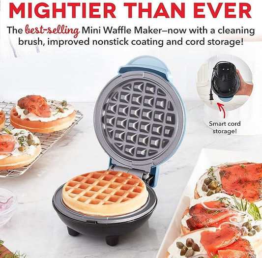 Dash Deluxe Mini Waffle Maker- Compact, Easy-to-Clean Breakfast Appliance - Convenient Cord Wrap - Cleaning Brush Included - 4-Inch - Dream Blue