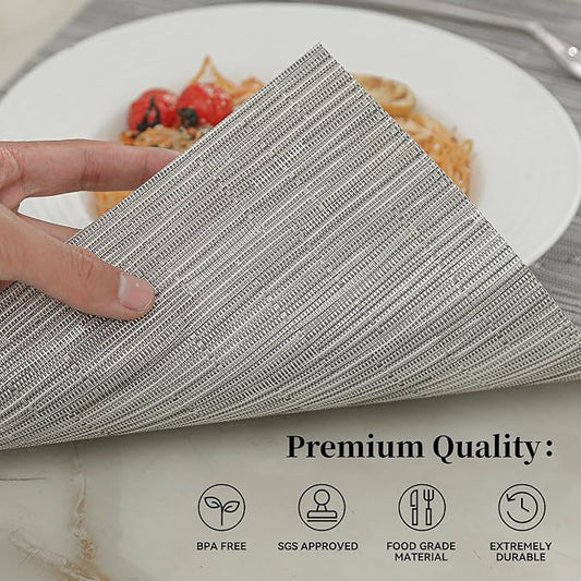 Leetaltree Silver Placemats Set of 8 - Heat Resistant Non-Slip Place mats for Dining Table, Washable Durable PVC Vinyl Woven Table Mats(Silver, 8)