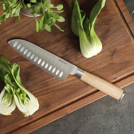 Babish 6.5-Inch Santoku Knife – High-Carbon 1.4116 German Steel Kitchen Knife with Light Pakka Wood Handle, Full-Tang Razor Sharp Blade for Chopping, Slicing, Dicing & Precision Prep