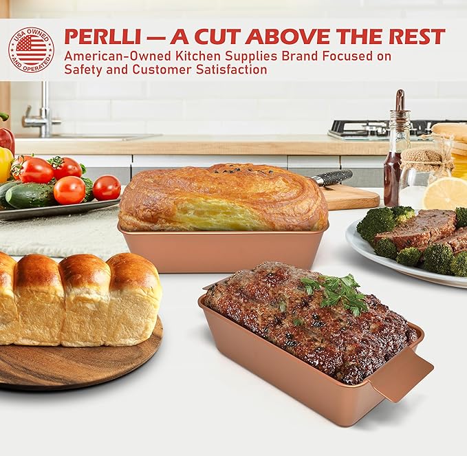 PERLLI Meat Loaf Pan with Drip Tray – 2 Pc. 9.8 x 5.7 In. Copper Nonstick Meatloaf Pan with Drain Tray – Large BPA-Free Oven Loaf Pan for Baking, Bread, Cakes, Roasting Meat, & More