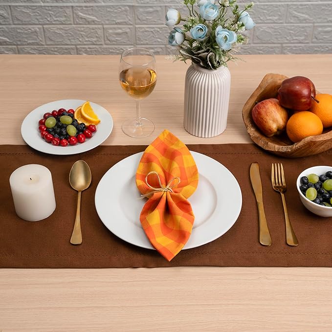 Blue Needles Gingham Buffalo Plaid Cloth Napkins 100% Cotton Set of 12 Dinner Table Napkins 18x18 inch Soft, Reusable, Washable for Wedding Parties & Everyday Use - Orange & Golden Yellow