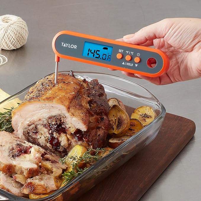 Taylor Digital Waterproof Kitchen Food and Meat Thermometer, with a Folding Probe, Programmable Presets, Backlit Display for Oven, Grilling, Smoker & BBQ - Includes 2 AAA Batteries