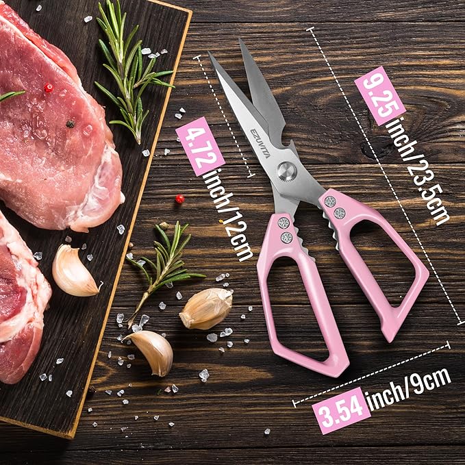 5-in-1 Multifunctional Heavy-Duty Kitchen Scissors with Tweezer, Pink All Purpose Kitchen Shears with Stainless Steel Blades, Dishwasher Safe Poultry Shears for Meat, Turkey, Vegetables