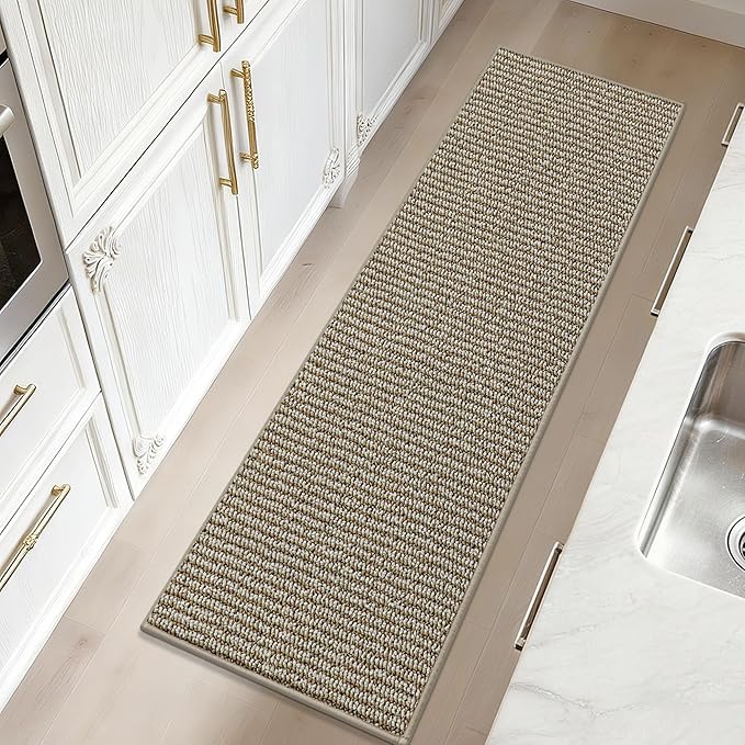 JSEI Kitchen Rugs and Mats, 2PCS Non-Slip Kitchen Mats for Floor, Machine Washable Absorbent and Stain Resistant Kitchen Runner, Carpet Mats with TPR Backing, 17''x30''+17''x48'', Beige