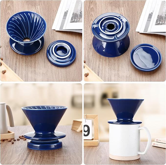Polydremio Pour Over Coffee Maker, Ceramic Coffee dripper with 100 pcs V60 Paper Filter, Ceramic coffee Server with Lid, 15.5oz/450 ml, Suitable for 1-2 people (Blue)