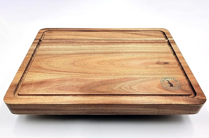 Acacia Wood 16 x 12 x 1.5 inch Thick (40.5 x 30.5 x 4cm) Extra-Large Cutting Board Juice Groove Hand Grips Dark Edge Grain Wooden Butcher Block Chopping Cheese Plate Server Deluxe Birthday Gift
