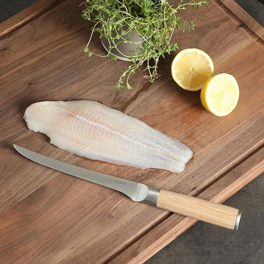 Babish 1.4116 German Stainless Steel Boning & Fillet Knife with Light Pakka Wood Handle – 6-Inch Full-Tang Flexible Kitchen Knife for Meat, Poultry, Fish & Precision Butchering