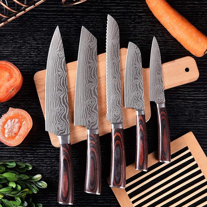 Professional Kitchen Knife Set, 5-Piece High Carbon German Stainless Steel Chef Knives with Sheaths, Ergonomic Pakkawood Handles, Ultra Sharp, Versatile for Home & Restaurant – Premium Gift Box
