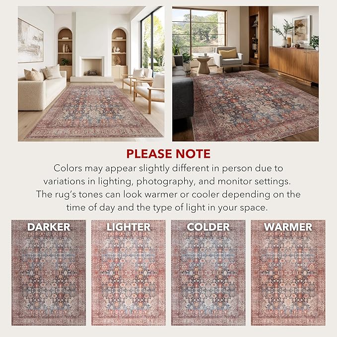 Kuden 8x10 Large Area Rug, Machine Washable Area Rug with Non-Slip Backing, Vintage Style, Soft, Easy Clean, Low Pile Rug for Living Room, Bedroom, Dining Room