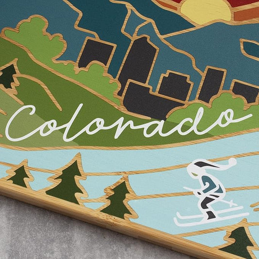 Totally Bamboo Colorado State Shaped Cutting Board and Charcuterie Serving Platter with Artwork by Summer Stokes, Includes Hang Tie for Wall Display 14-1/2" x 10-3/4" x 5/8"