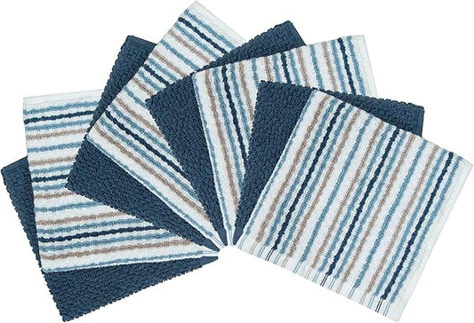 Bumble Premium Dish Cloths Towel 12"x12" | 100% Natural Ring Spun Cotton Tea Towel Set | 430 GSM | Highly Absorbent & Soft Dish Towels | 8 Pack - 4 Popcorn Striped & 4 Solid Kitchen Towels - Blue