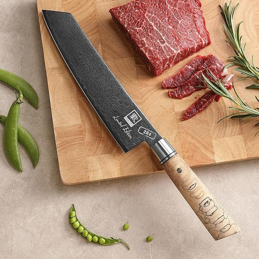 zayiko Limited Edition Kiritsuke Knife Black Meteor – 8-Inch Damascus Blade | 67 Layers Steel with VG10 Core & Titanium Coating | Maple Wood Handle | Professional Kitchen Knife in Gift Box