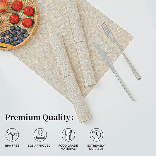 Leetaltree Beige Placemats Set of 4 - Heat Resistant Non-Slip Place mats for Dining Table, Washable Durable PVC Vinyl Woven Table Mats(Beige, 4)