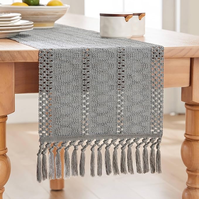 ZeeMart Macrame Style Boho Table Runner, Grey Table Runners 108 Inches Long, Farmhouse Woven Home Decor, 12x108 Inch, Grey