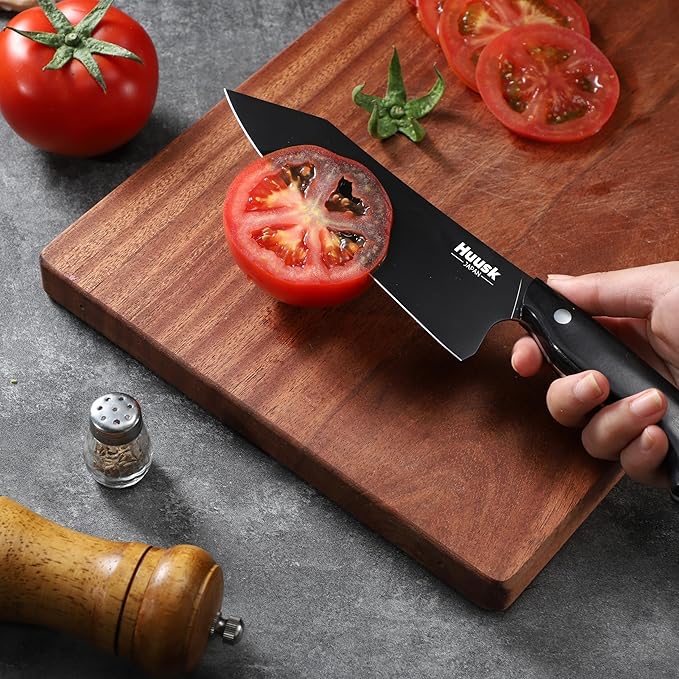 Huusk Japanese Chef Knife for Kitchen - 7" Kirisuke Knife with Black Titanium Coating, Stainless Kitchen Cooking Knifes for Vegetable & Meat Cutting, Ultra Sharp Sushi Knives, Men's Christmas Gifts