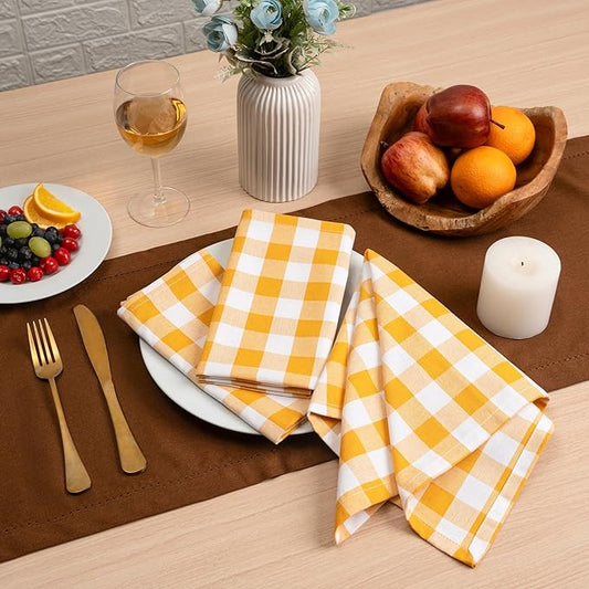 Blue Needles Gingham Buffalo Plaid Cloth Napkins 100% Cotton Set of 12 Dinner Table Napkins 18x18 inch Soft, Reusable, Washable Ideal for Wedding Parties Everyday Use - Golden Yellow & White