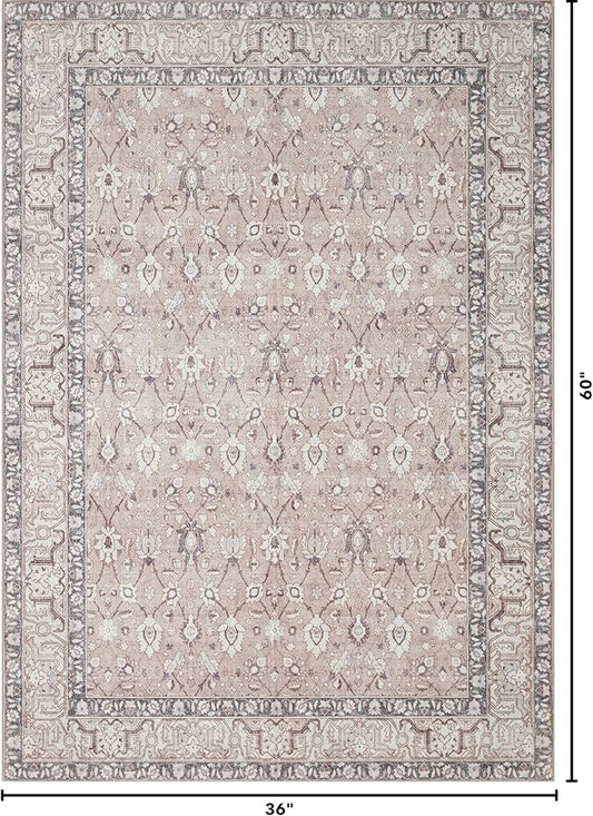 Kuden 3x5 Small Rug, Machine Washable, Non-Slip Backing, Vintage Style, Soft, Low Pile, Area Rugs for Entryway Kitchen Indoor Entrance