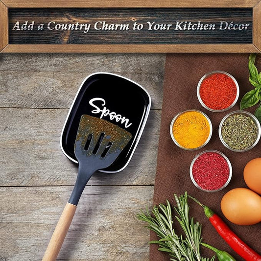 Ceramic Spoon Rest for Stove Top, DAYYET Large Spoon Holder, Spoon Rest for Kitchen Counter, Heat-Resistant Cooking Utensil Rest, Black Kitchen Decor and Accessories