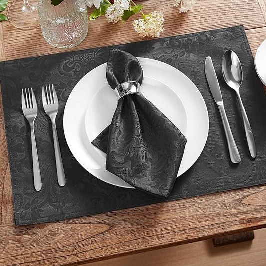 Elrene Home Fashions Caiden Elegance Damask Waterproof, Stain & Wrinkle Resistant Fabric Napkins (Set of 4), 17" x 17", Black