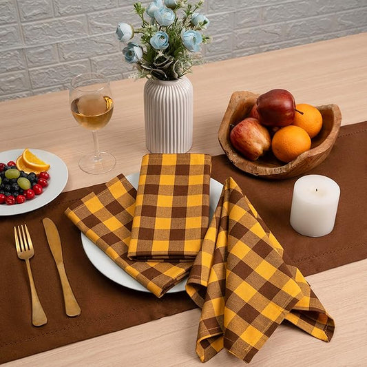 Blue Needles Gingham Buffalo Plaid Cloth Napkins 100% Cotton Set of 12 Dinner Table Napkins 18x18 inch Soft, Reusable, Washable for Wedding Parties & Everyday Use - Golden Yellow & Nut Brown