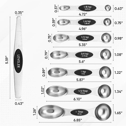 Magnetic Measuring Spoons Set, Stainless Steel, Stackable, Dual-Sided, 8 Pieces, Dry and Liquid Ingredients
