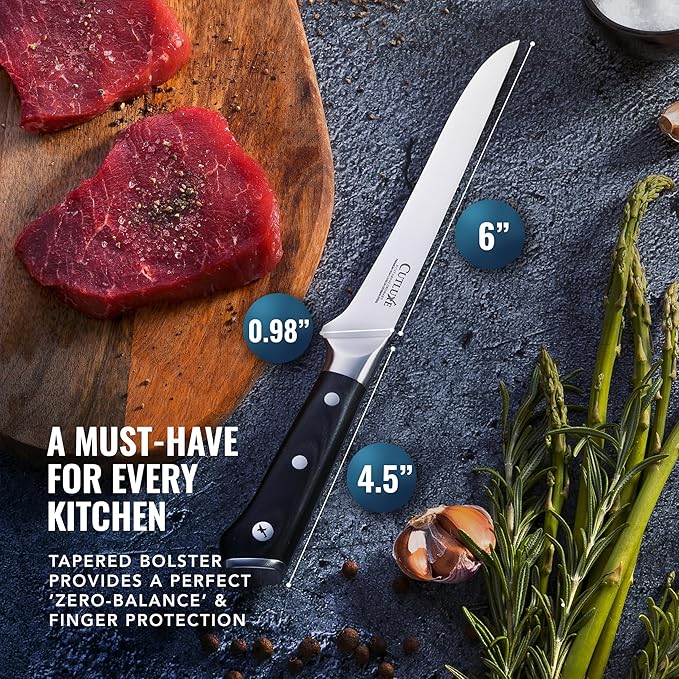 Cutluxe Boning Knife – 6" Razor Sharp Fillet – High Carbon German Steel – Full Tang Ergonomic Handle Design, Grilling Gifts for Men – Artisan Series