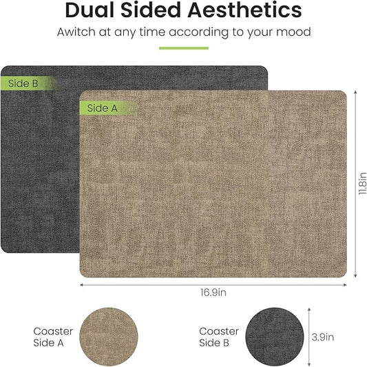 Placemats Set of 4, Faux Leather Heat Resistant Wipeable Placemats, Dual Sided Waterproof Washable Table Mats with Coaster, Suitable for Kitchen, Dining, Table Decor (4, Black Light Coffee)