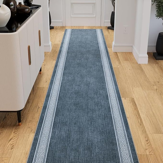 Ottomanson 3-Piece Kitchen Rug Set - Non Slip Runner & Washable Mat - 1'11" x 3' + 1'11" x 4' + 1'11"' x 5' - Durable, Stain Resistant for Entryway, Bedroom and Bathroom, Greek Border Greyish Blue