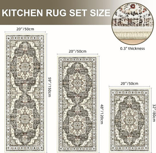 Tritard Non Slip Kitchen Rugs Sets of 3 Washable Kitchen Rug Boho Kitchen Mats for Floor Soft Kitchen Runner Rug Non Skid Kitchen Floor Carpet for Entryway Hallway Laundry Room,Beige Brown