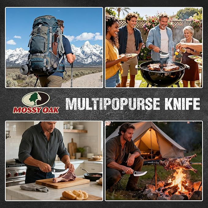 Mossy Oak Chef Knife, Kitchen Knife for Boning, Cutting, and Chopping, Hand Forged Viking Knife Full Tang Handle with Genuine Leather Sheath, Meat Cleaver Knife for Outdoor Cooking, Camping and BBQ