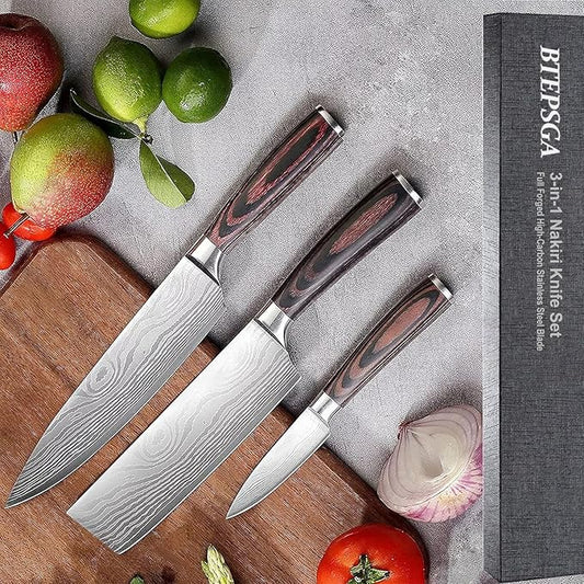 3 PCS Japanese Chef Knife Set – High Carbon Stainless Steel Nakiri Knives, Ultra Sharp Chef Knives, Multi-purpose Kitchen Knives for Precise Cutting, with Stylish Gift Box