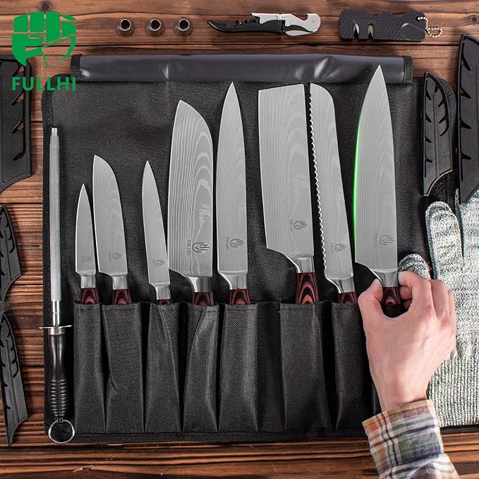 FULLHI 15pcs Japanese Knife Set with Magnetic Knife Block Holder, Japan Stainless Steel Blades, Ergonomic Handles for Professional and Home Cooking(Coffee wood, Magnetic Block Knife Set)