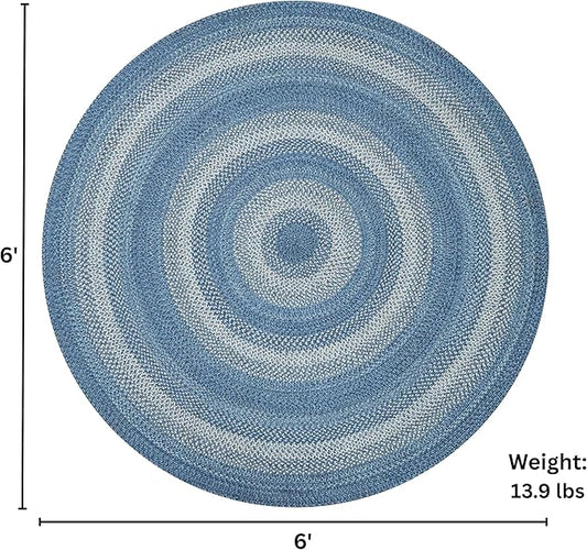Homespice Denim Blue Round Braided Rug, Jute, 6' - Perfect Coastal Country Decor for Living Room, Dining Room, Everywhere