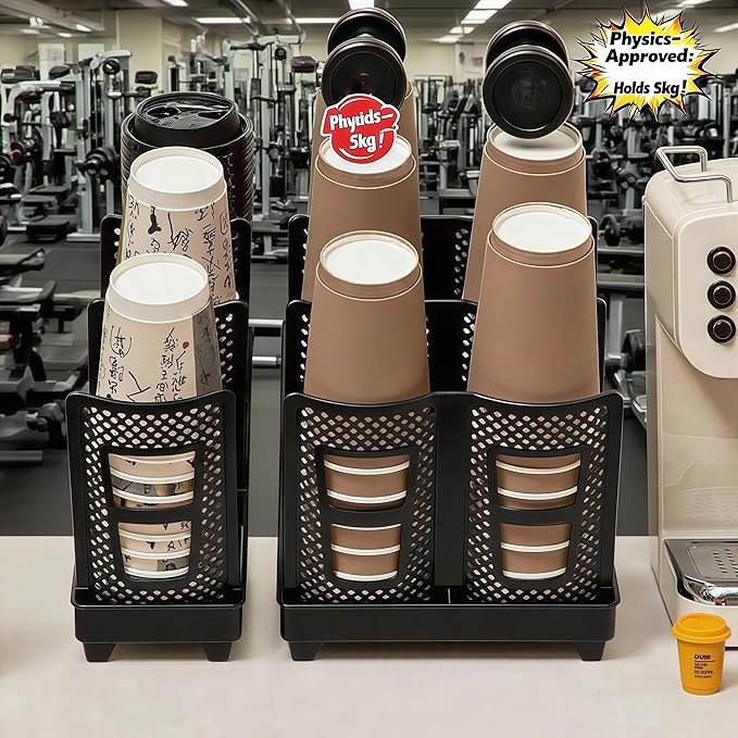 Coffee Cup Holder,Cup Lid Dispenser and Organizer Display Stand,Cup Display Stand on Restaurant,Bathroom,Kitchen,Coffee Shop.Suitable for Cups Ranging from 12 to 32 oz,3Slots