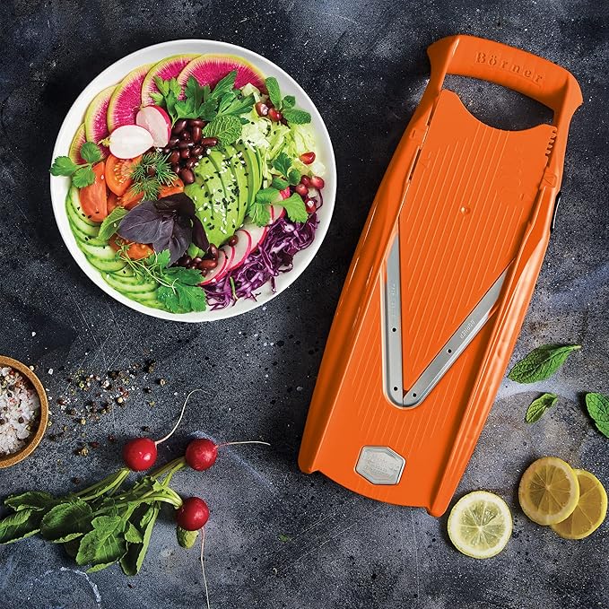 Börner Mandoline Slicer V5 (Plus Set) • Adjustable Vegetable V-Slicer with Extra Accessories + Peeler • Kitchen Slicer For Slices, Strips, Dices • Stainless Steel V-Blade • Color: Orange
