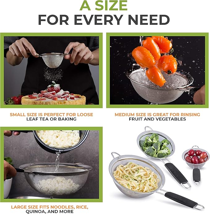 LiveFresh Food Strainer Set - Premium Fine Stainless Steel Fine Mesh Set of Strainers, Colanders and Sifters Crafted for Quinoa and More with Comfortable Non Slip Handles - Set of 3
