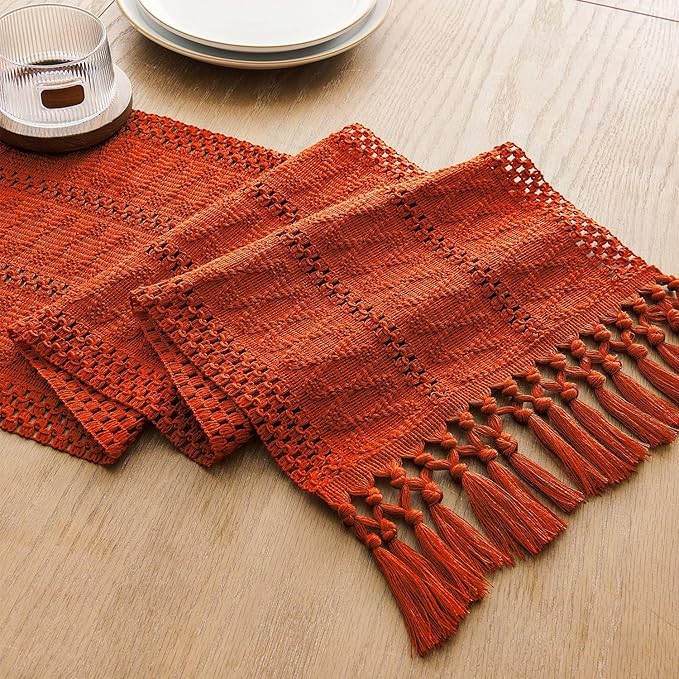 ZeeMart Macrame Style Boho Table Runner, Burnt Ochre Fall Table Runners 60 Inches Long, Farmhouse Woven Home Decor, 12x60 Inch, Dark Orange
