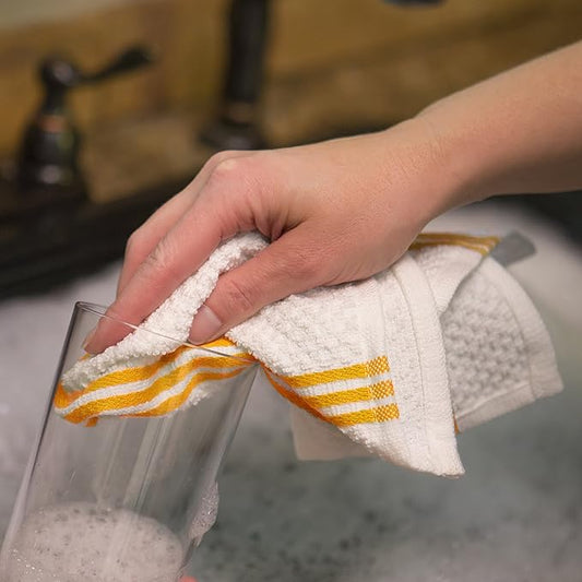 Sticky Toffee Cotton Dishcloths Set of 8 – Yellow and White Dish Towels 12x12 in, Reusable and Absorbent Tea Towels for Cleaning or Drying, Oeko-Tex Cotton