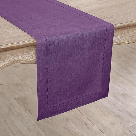 Solino Home Linen Table Runner 90 Inches Long - Classic Hemstitch 100% Pure Linen Purple Dining Table Runner 14 x 90 Inch for Valentines, Spring, Easter