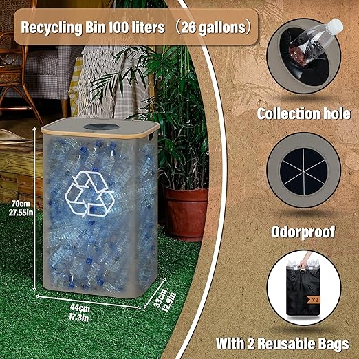 efluky Recycle Bin 26 Gallon, 100L Recycle Bin for Kitchen with 2 Removeable and Reusable Inner Bag, Large Recycling Bin with Lid for Bottle Can Plastice Stickers (Grey)