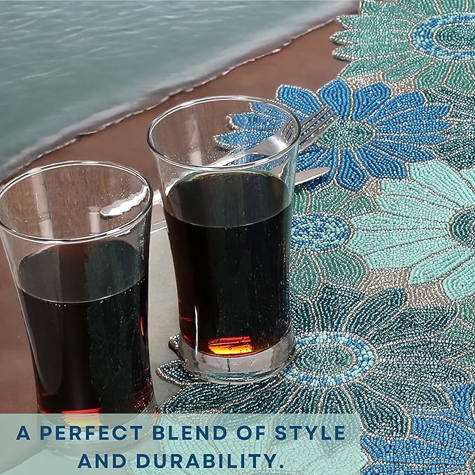 ALPHA Living HOME Bedaed Table Runner- 13x36 Glitz Décor for Farmhouse, Bridal, and Holiday Celebrations Luxury Dining Table Accent, Rustic Chic, Artisan-Made, Modern Floral (Blue)